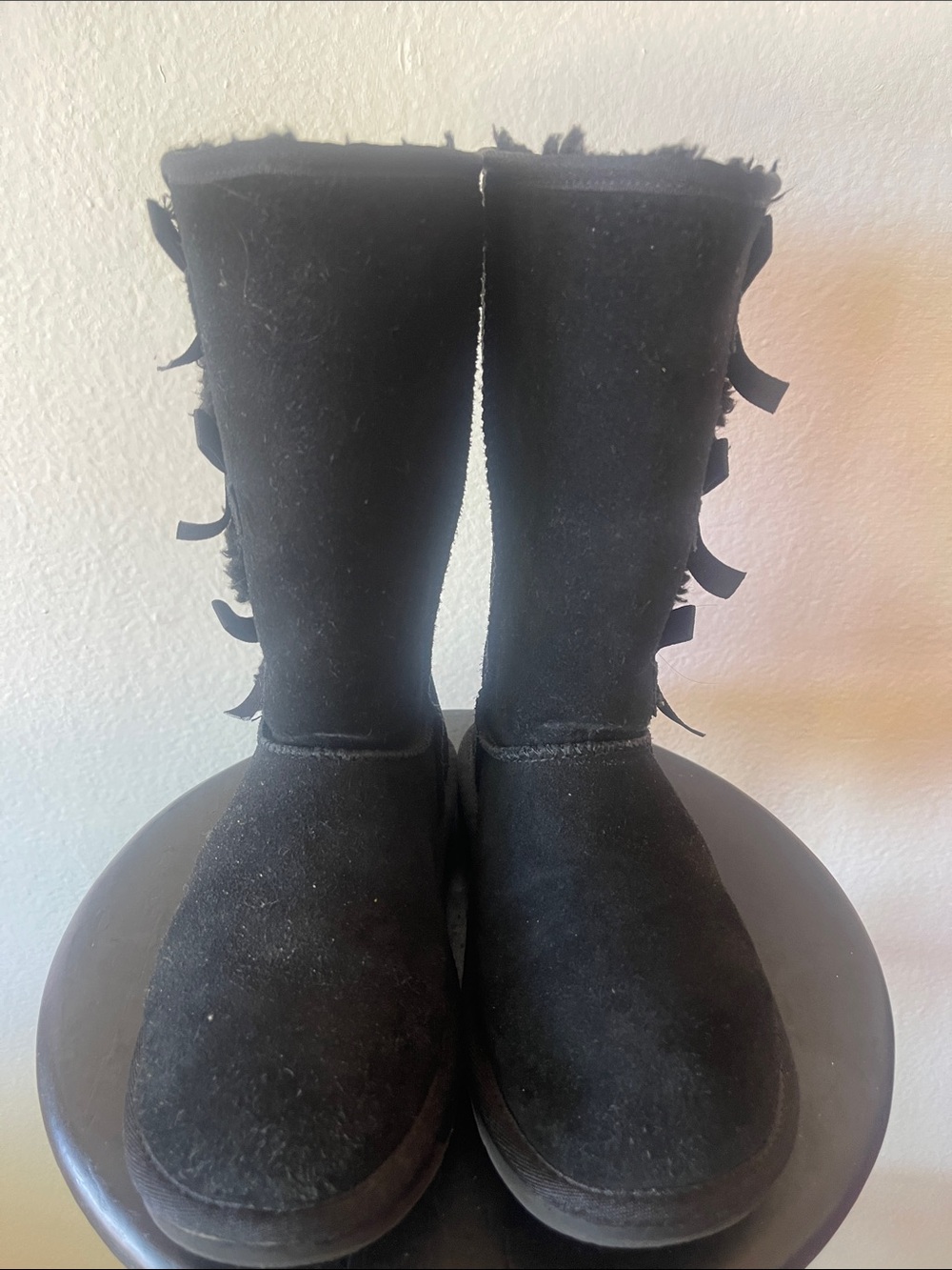 Koolaburra Black Suede Mid-Calf Winter Boots with Back Bow Accents